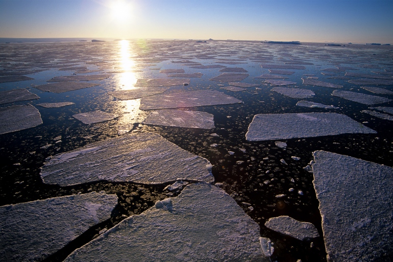 Antarctica, sea ice breaking up in late summer - stock photo