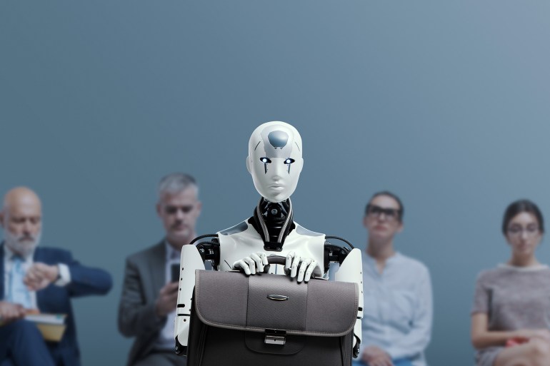 Business people and humanoid AI robot sitting and waiting for a job interview: AI vs human competition