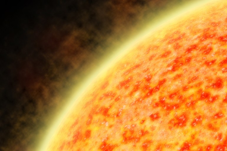 Illustration of the sun radiating a solar wind showing irregular temperature regions