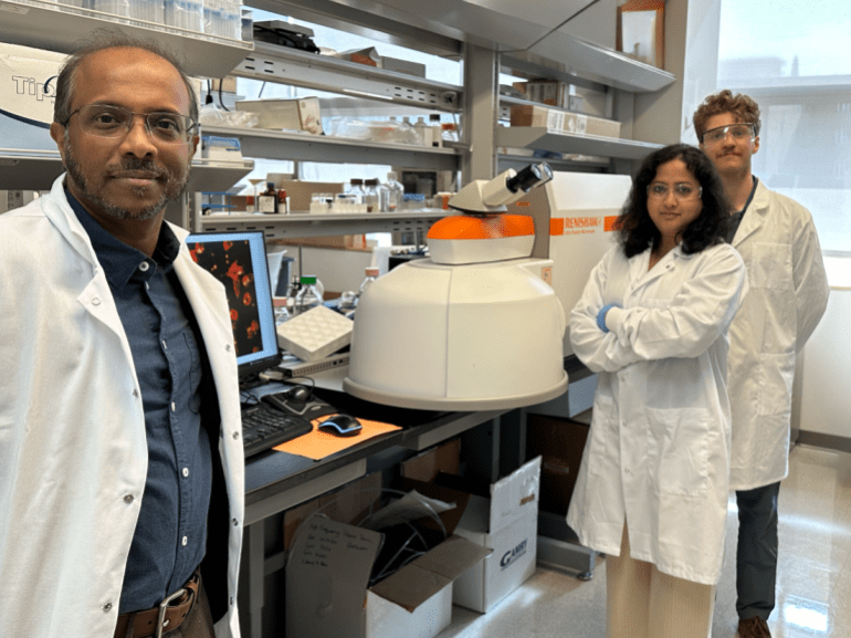 Dipanjan Pan, left, Dorothy Foehr Huck & J. Lloyd Huck Chair Professor in Nanomedicine and professor of materials science and engineering and of nuclear engineering, with Teresa Aditya, postdoctoral researcher in nuclear engineering, and David Skrodzki, graduate research assistant in materials science and engineering, in Pan's lab. All three were authors of the study. Credit: Dipanjan Pan. All Rights Reserved.