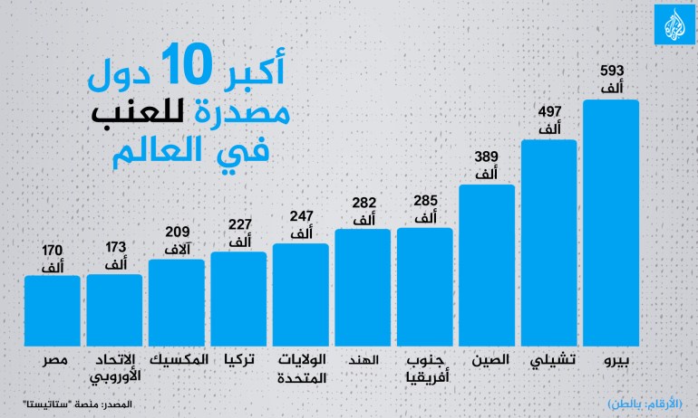 اكبر ١٠ دول مصدرة للعنب في العالم