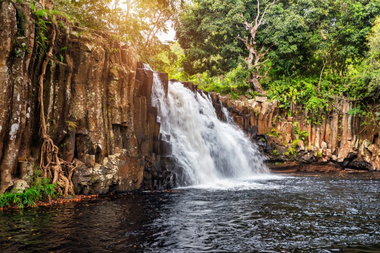 Rochester falls on the island of Mauritius. Waterfall in the jungle of the tropical island of Mauritius. Hidden treasure Rochester falls in Mauritius Island. Rochester Falls in Souillac Mauritius شترستوك