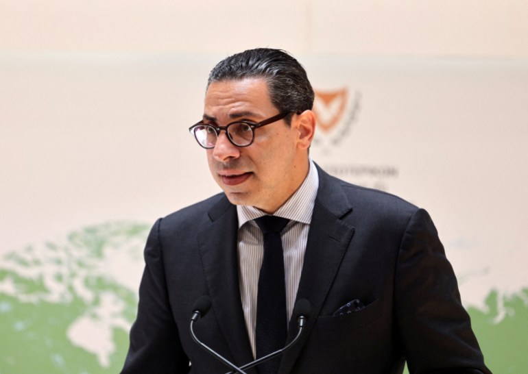 Cyprus Foreign Minister Constantinos Kombos and U.S. Ambassador Julie Fisher (not pictured) attend a press conference at the Foreign Ministry in Nicosia, Cyprus June 26, 2024. REUTERS/Yiannis Kourtoglou