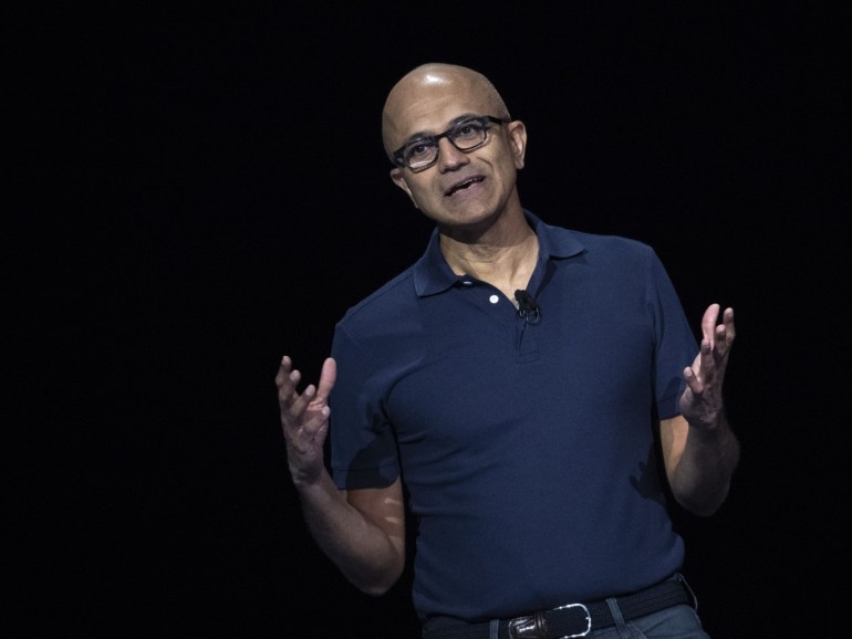 NEW YORK, NY - AUGUST 7: Satya Nadella, chief executive officer of Microsoft, speaks during a launch event for the new Samsung Galaxy Note 10 smartphone at Barclays Center on August 7, 2019 in the Brooklyn borough of New York City. The Galaxy Note 10 and Galaxy Note 10 Plus go on sale August 23 starting at $949. Drew Angerer/Getty Images/AFP== FOR NEWSPAPERS, INTERNET, TELCOS & TELEVISION USE ONLY ==