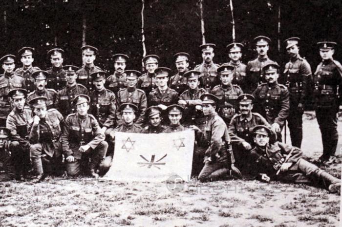 Group of soldiers from the Jewish Legion in the British Army, during the First World War. Ze'ev Jabotinsky, (Revisionist Zionist leader, author, poet, orator) seen 2nd row; third from the right. (Photo by: Universal History Archive/Universal Images Group via Getty Images)