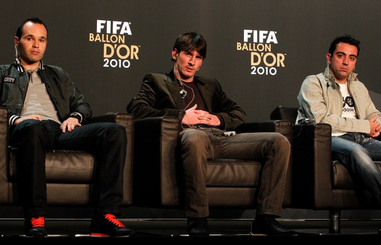 FIFA Men's Ballon d'Or of the Year 2010 nominees Iniesta, Messi and Xavi of Spain attend a press conference before the FIFA Ballon d'Or Gala in Zurich