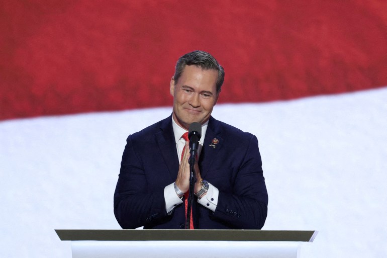 FILE PHOTO: Rep. Michael Waltz (FL) gestures on Day 3 of the Republican National Convention (RNC), at the Fiserv Forum in Milwaukee, Wisconsin, U.S., July 17, 2024. REUTERS/Mike Segar/File Photo