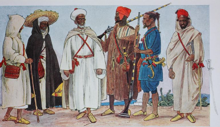 Clothing, c. 19th century, from left e Moroccans of the Jellaba, a hooded cloak, a man from the interior of the country in burnous, a coarse woollen cloak with hood, a distinguished Moroccan in a lehen shirt, the Chamisa, an armed man from the interior of the country, then a Berber from the Rif and a Moroccan horseman in a haik, a throw-over cloak, digitally restored reproduction of an original 19th century fashion in Morocco