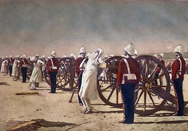 Suppression of the Indian Revolt by the English, which depicts the execution of mutineers by blowing from a gun by the British, a painting by Vasily Vereshchagin c. 1884. Note: This painting was allegedly bought by the British crown and possibly destroyed (current whereabouts unknown). It anachronistically depicts the events of 1857 with soldiers wearing (then current) uniforms of the late 19th century.