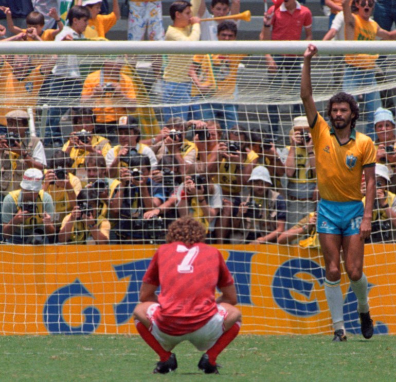 Brazil's Socrates celebrates after scoring Brazil's first goal against Poland during their World Cup soccer match in Guadalajara