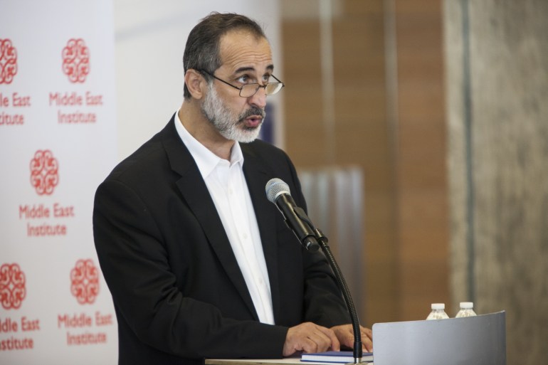 WASHINGTON, USA - MARCH 19: Mouaz Al-Khatib, president of the Syrian National Council, speaks during an event co-hosted by the Center for the Study of Islam and Democracy in Washington, USA on March 19, 2015. (Photo by Samuel Corum/Anadolu Agency/Getty Images)