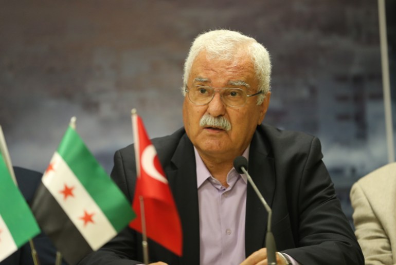 ISTANBUL, TURKEY - SEPTEMBER 30: Member of National Coalition for Syrian Revolutionary and Opposition Forces, George Sabra makes a speech during a press conference titled "Open a Road to Aleppo" at the IHH Humanitarian Relief Foundation Headquarters in Istanbul, Turkey on September 30, 2016. (Photo by Isa Terli/Anadolu Agency/Getty Images)