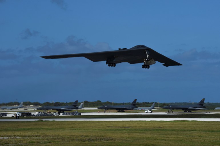 A U.S. Air Force B-2 Spirit bomber takes off from Andersen Air Force Base, Guam