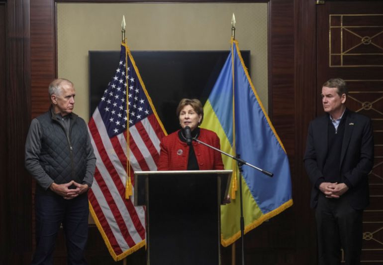 U.S. Senator Jeanne Shaheen (D-NH), Thom Tillis (R-NC) and Michael Bennet (D-CO) attend a a joint press conference, amid Russia's attack on Ukraine, in Kyiv, Ukraine February 17, 2025. REUTERS/Gleb Garanich