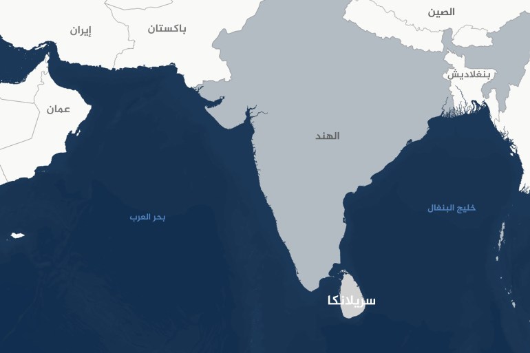 خريطة لسريلانكا وتظهر الدول باكستان والهند وبنغلاديش وإيران والصين