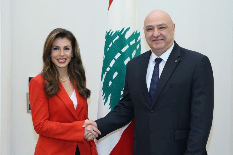 U.S. Deputy Special envoy for the Middle East Morgan Ortagus meets with Lebanese President Joseph Aoun at the presidential palace in Baabda, Lebanon, in this handout image released on February 7, 2025. Lebanese Presidency Press Office/Handout via REUTERS THIS IMAGE HAS BEEN SUPPLIED BY A THIRD PARTY.