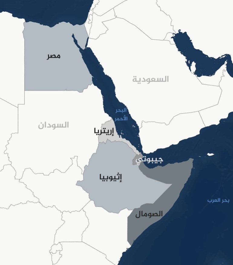 خريطة لأثيوبيا وتظهر دولة مصر وجيبوتي وإريتريا والصومال