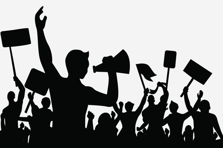 Silhouette of people protesters. crowd Protest, revolution, conflict. Flat vector eps 10 illustration design.