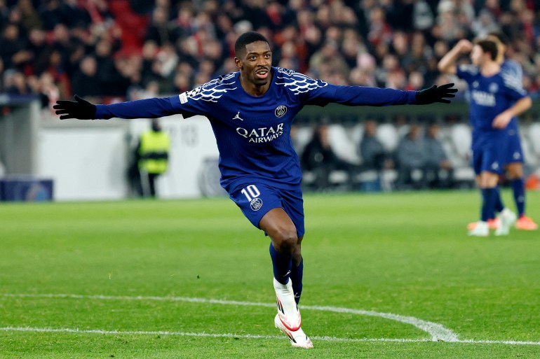 Soccer Football - Champions League - VfB Stuttgart v Paris St Germain - MHPArena, Stuttgart, Germany - January 29, 2025 Paris St Germain's Ousmane Dembele celebrates scoring their fourth goal and completes his hat-trick REUTERS/Heiko Becker