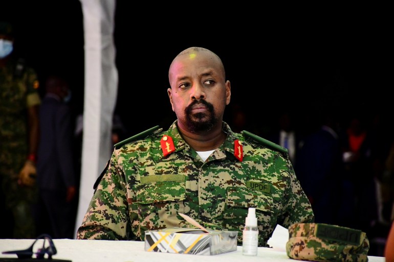 Lt. General Muhoozi Kainerugaba, the son of Uganda's President Yoweri Museveni, who leads the Ugandan army's land forces, looks on during his birthday party in Entebbe, Uganda May 7, 2022. REUTERS/Abubaker Lubowa