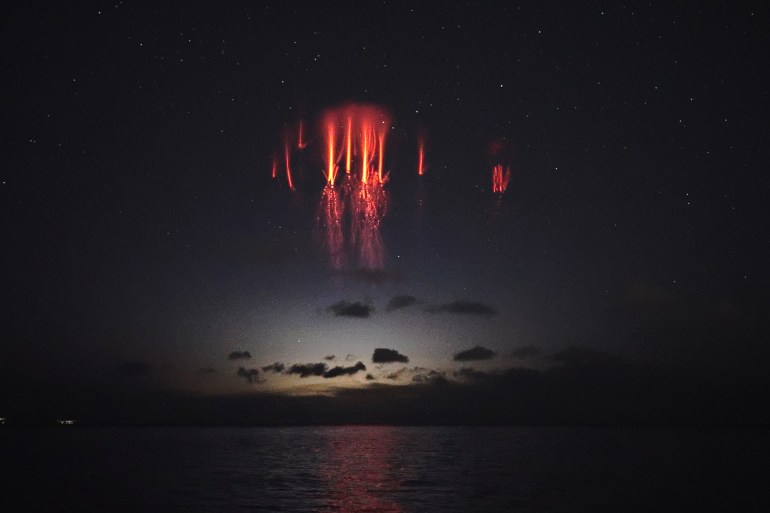 Red sprites formed above thunderstorms in the southeast Aegean Sea, as captured from the eastern suburbs of Athens, Greece on December 4, 2021. Credits: Copyright Thanasis Papathanasiou