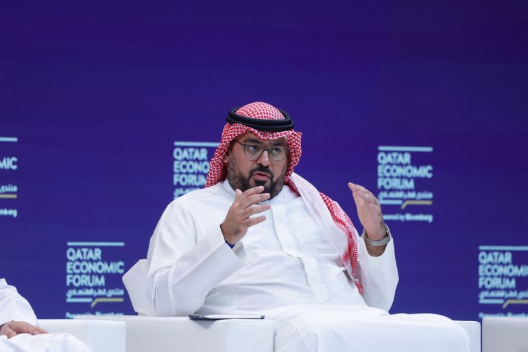 Saudi Arabia's Economy Minister Faisal F. Alibrahim speaks during a session in the Qatar Economic Forum in Doha on May 20, 2025. (Photo by Karim JAAFAR / AFP)
