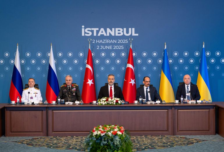 ISTANBUL, TURKEY - JUNE 2: (EDITOR’S NOTE: This Handout image was provided by a third-party organization and may not adhere to Getty Images’ editorial policy.) In this handout image provided by the Turkish Ministry of Foreign Affairs, members of Ukrainian and Russian delegations attend peace talks presided over by Turkish Foreign Minister Hakan Fidan (center) on June 2, 2025 at Ciragan Palace in Istanbul, Turkey. Fidan is flanked by Chief of Turkish General Staff General Metin Gürak (2nd from left) and head of Turkish Intelligence Ibrahim Kalin (2nd from right). Ukraine's President Volodymyr Zelensky said on Sunday he would send a delegation to Istanbul for a second round of peace negotiations with Russia, even as fighting escalates between the two sides. Also on Sunday, Ukraine struck Russian air bases in a series of bold drone attacks, after Russia launched a record number of drones against Ukraine overnight Saturday, in addition to a missile strike that killed 12 Ukrainian military personnel and injured 60 others. (Photo by Turkish Ministry of Foreign Affairs viaGetty Images)