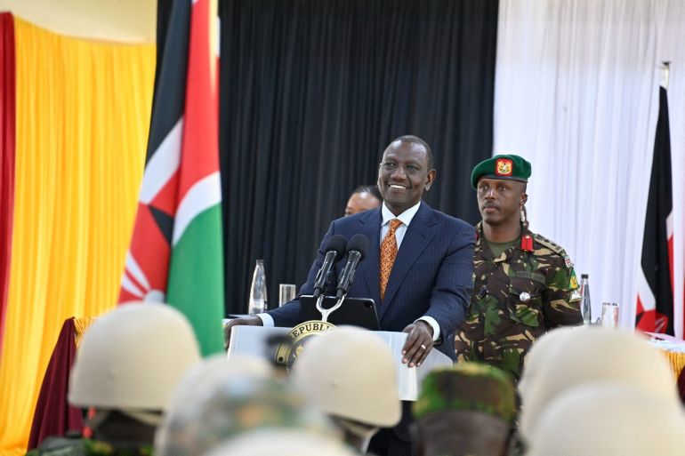 Kenyan President William Ruto speaks during a pre-departure briefing for the first contingent of police officers to deploy to Haiti, at Embakasi, Nairobi, Kenya, in this handout photo released June 24, 2024 "William Samoei Ruto" via X/Handout via REUTERS THIS IMAGE HAS BEEN SUPPLIED BY A THIRD PARTY. NO RESALES. NO ARCHIVES. MANDATORY CREDIT